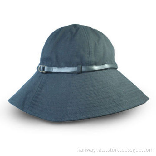 Women's Black Floppy Hat for Spring, Made of Canvas, with Genuine Leather Band, Loops and Buckle On
